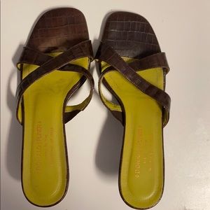 Super cute low brown snake skin heels